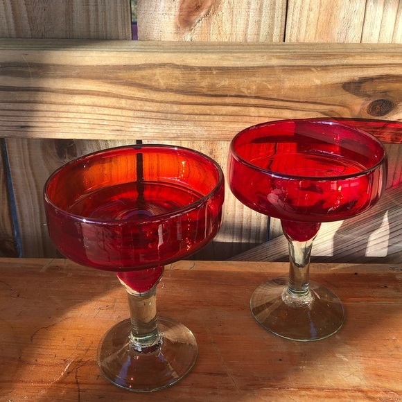 Set of 2 Ruby Red Hand Blown Mexican Margarita Glasses - Picture 1 of 5